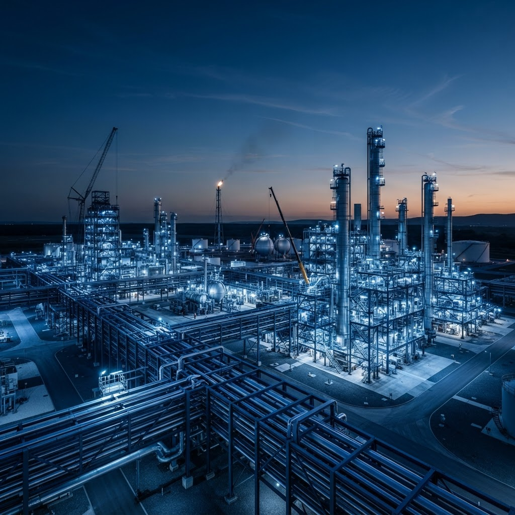 Industrial processing facility at blue hour